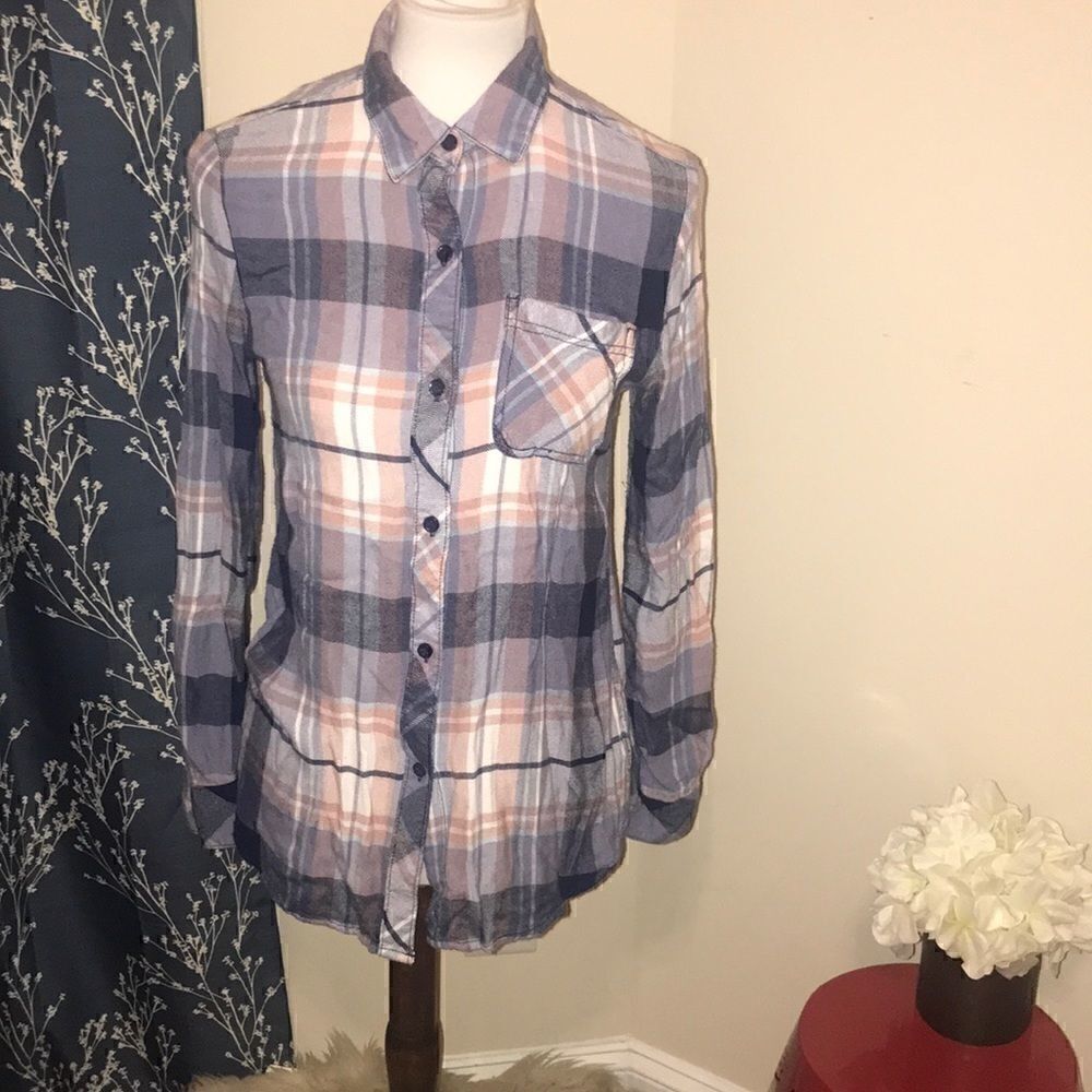 Beach Lunch Lounge Plaid Flannel Button Front Top